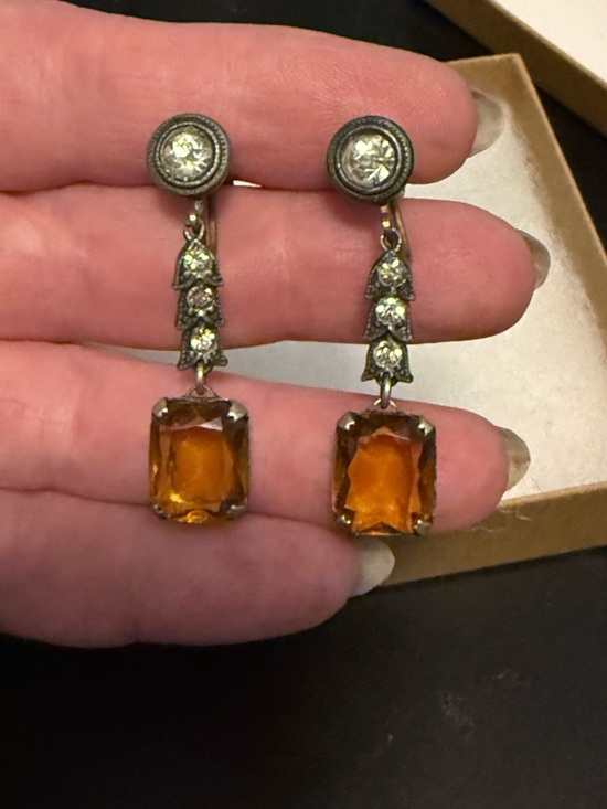 Jewelry - Antique Art Nouveau Citrine/Amber Glass crystal drop, Screw-Back earrings
